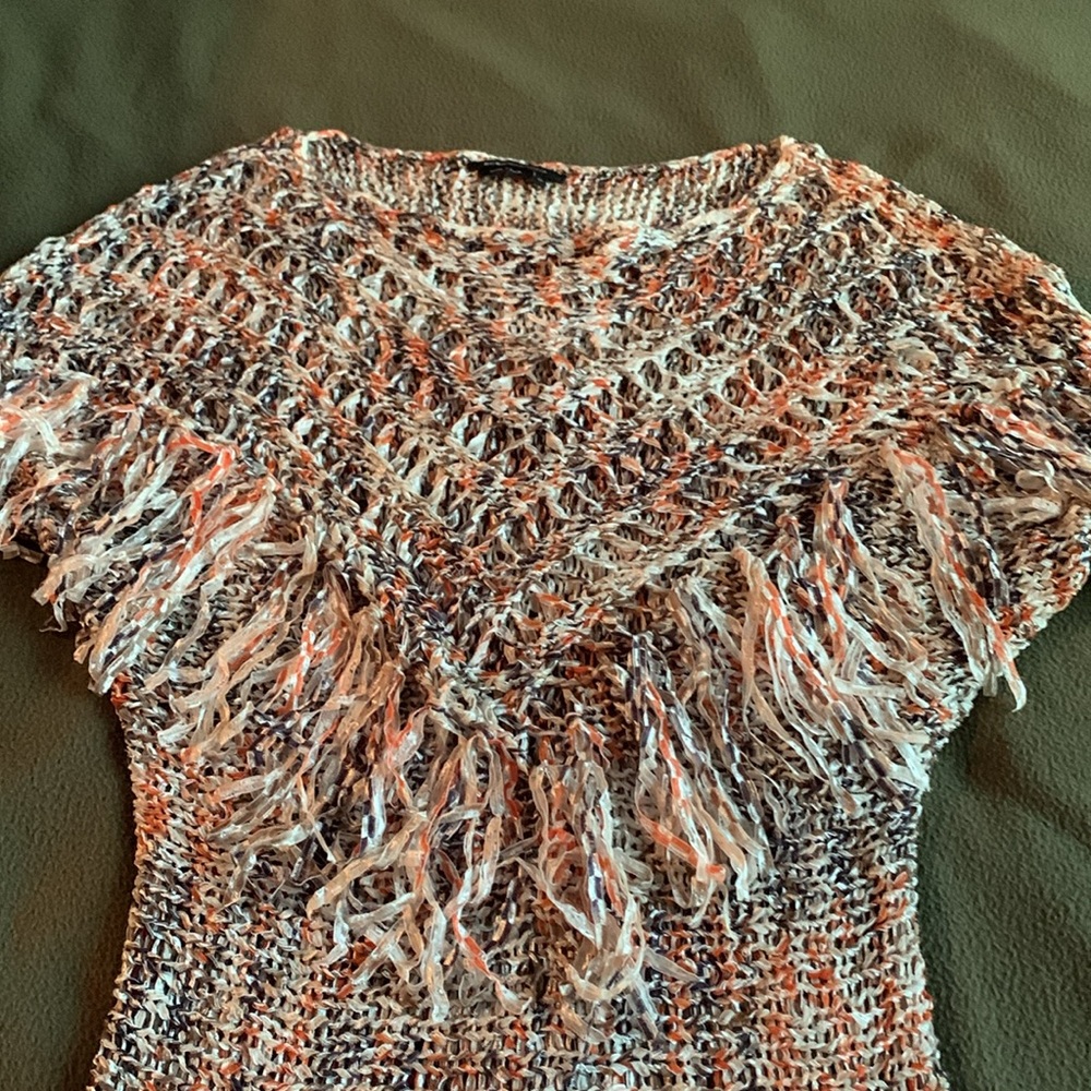 BCBG Max Azria open knit, multi colored, fringed short sleeve sweater.  Size M - Picture 3 of 5
